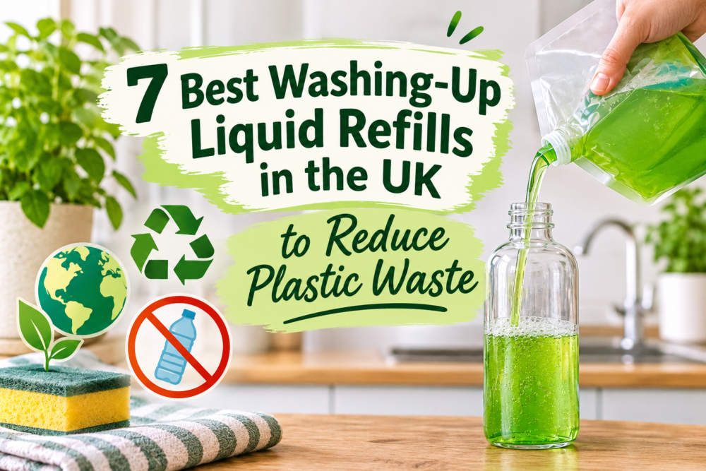 Eco-friendly washing-up liquid refills in reusable bottles for a sustainable UK kitchen